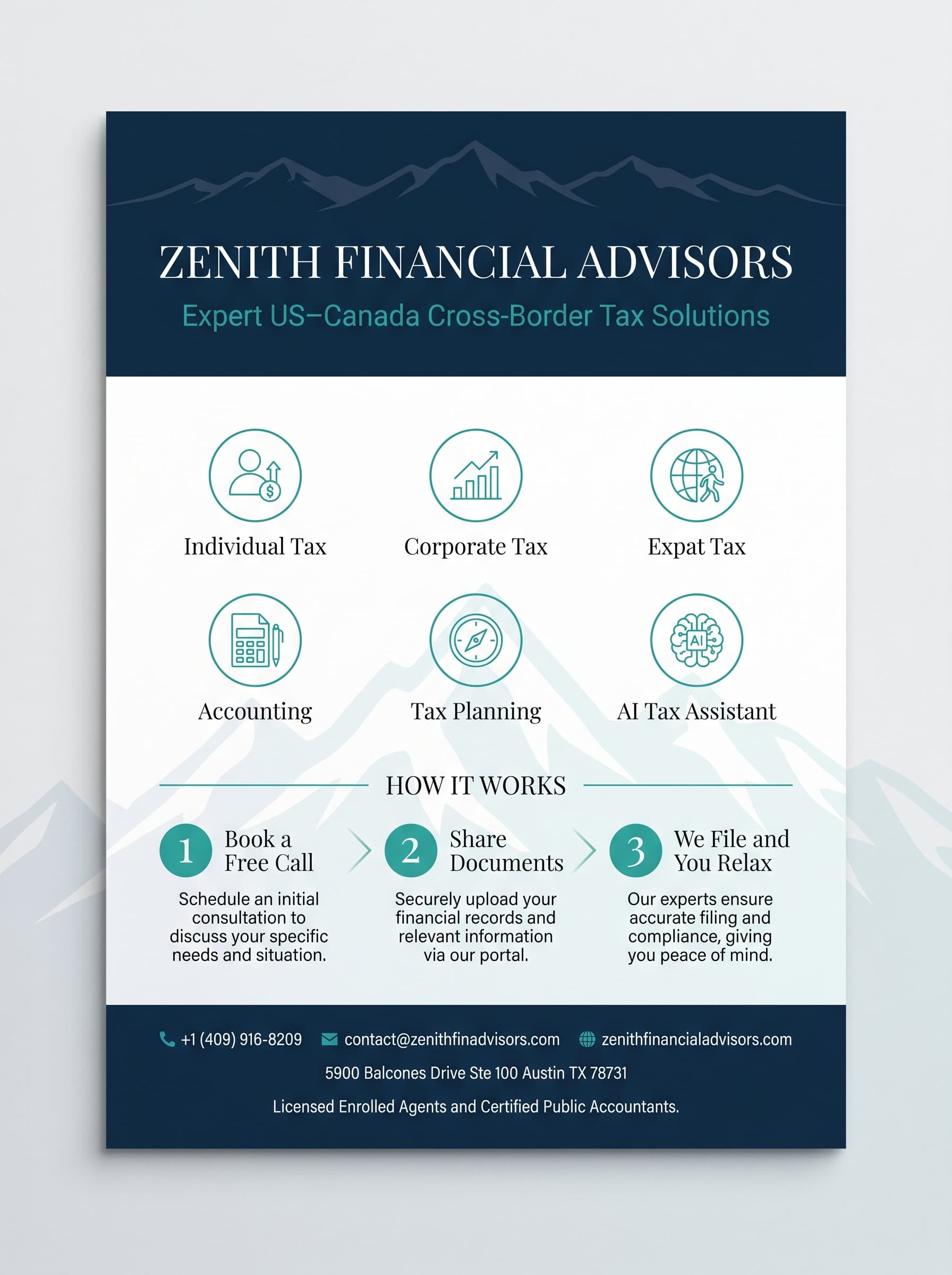 Zenith Financial Advisors — Expert US-Canada Cross-Border Tax Solutions. Services: Individual Tax, Corporate Tax, Expat Tax, Accounting, Tax Planning, AI Tax Assistant. Contact: +1 (409) 916-8209